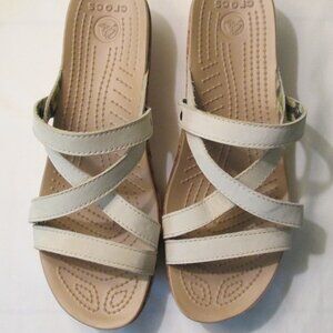 NWOT CROCS A-Leigh Wedge Sandals, Size 10, Cream Color